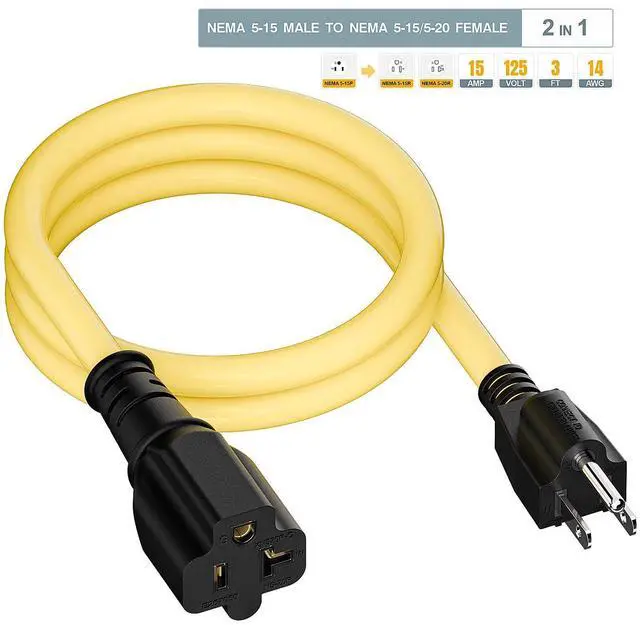 Alt view image 7 of 7 - 15 Amp Household AC Plug to 20 Amp T Blade Adapter Cable 3-Feet | 14AWG 15 Amp to 20 Amp Plug Adapter Cord Nema 5-15P to 5-15R/5-20R 20Amp Comb AC Power Cord, Yellow