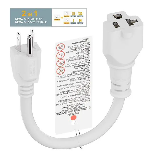 Alt view image 3 of 6 - 1FT 15 Amp Household AC Plug to 20 Amp T Blade Adapter Cable, Plugrand 14AWG 1-Foot 15 Amp to 20 Amp Plug Adapter Cord, Nema 5-15P to 5-15R/5-20R 20Amp Comb AC Power Cord, White