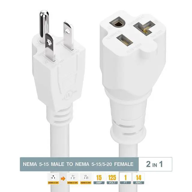 Alt view image 2 of 6 - 1FT 15 Amp Household AC Plug to 20 Amp T Blade Adapter Cable, Plugrand 14AWG 1-Foot 15 Amp to 20 Amp Plug Adapter Cord, Nema 5-15P to 5-15R/5-20R 20Amp Comb AC Power Cord, White