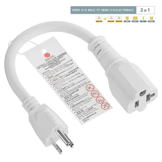 Alt view image 4 of 6 - 1FT 15 Amp Household AC Plug to 20 Amp T Blade Adapter Cable, Plugrand 14AWG 1-Foot 15 Amp to 20 Amp Plug Adapter Cord, Nema 5-15P to 5-15R/5-20R 20Amp Comb AC Power Cord, White