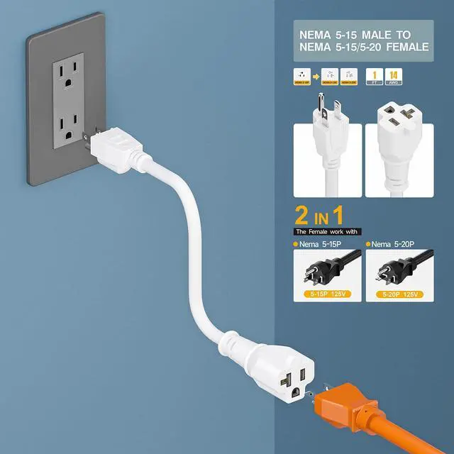 Alt view image 5 of 6 - 1FT 15 Amp Household AC Plug to 20 Amp T Blade Adapter Cable, Plugrand 14AWG 1-Foot 15 Amp to 20 Amp Plug Adapter Cord, Nema 5-15P to 5-15R/5-20R 20Amp Comb AC Power Cord, White