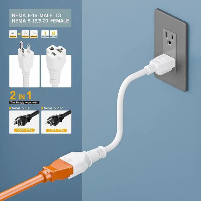 Alt view image 6 of 6 - 1FT 15 Amp Household AC Plug to 20 Amp T Blade Adapter Cable, Plugrand 14AWG 1-Foot 15 Amp to 20 Amp Plug Adapter Cord, Nema 5-15P to 5-15R/5-20R 20Amp Comb AC Power Cord, White