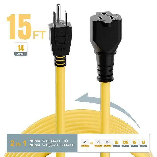 Alt view image 2 of 7 - 15-Feet 15 Amp Household AC Plug to 20 Amp T Blade Adapter Cable, Plugrand 14AWG 15 Amp to 20 Amp Plug Adapter Cord Nema 5-15P to 5-15R/5-20R 20Amp Comb AC Power Cord, Yellow