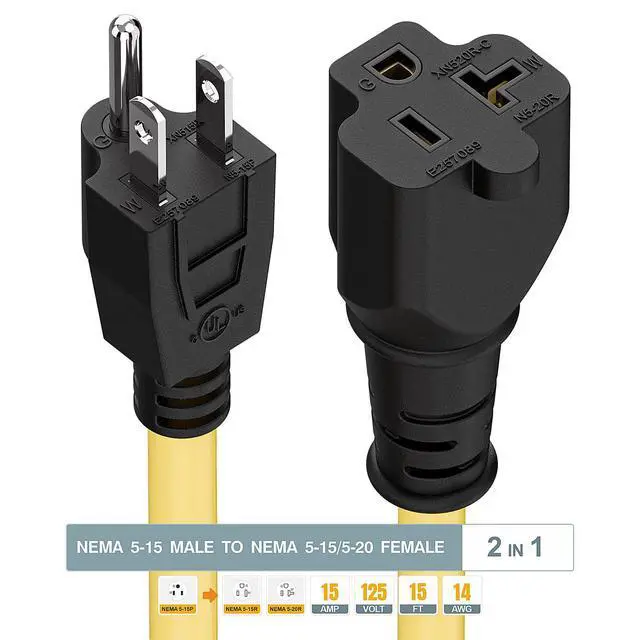 Alt view image 3 of 7 - 15-Feet 15 Amp Household AC Plug to 20 Amp T Blade Adapter Cable, Plugrand 14AWG 15 Amp to 20 Amp Plug Adapter Cord Nema 5-15P to 5-15R/5-20R 20Amp Comb AC Power Cord, Yellow