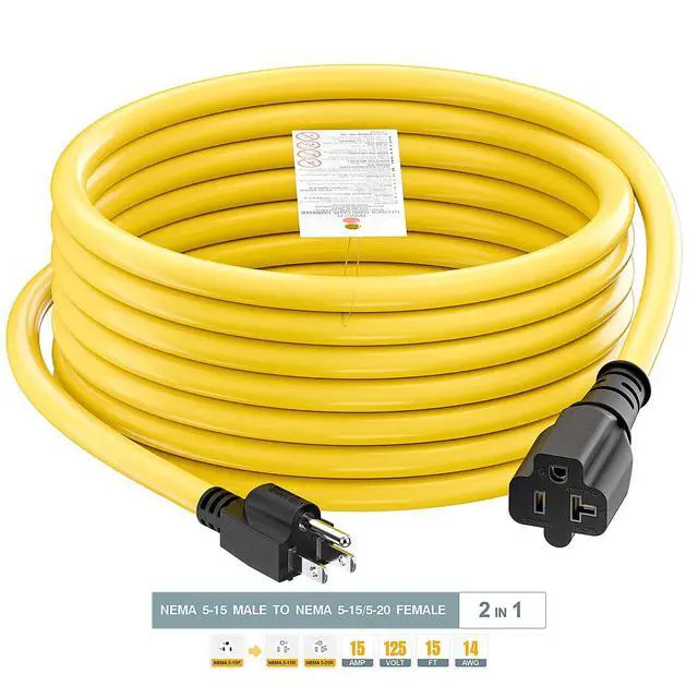 Alt view image 4 of 7 - 15-Feet 15 Amp Household AC Plug to 20 Amp T Blade Adapter Cable, Plugrand 14AWG 15 Amp to 20 Amp Plug Adapter Cord Nema 5-15P to 5-15R/5-20R 20Amp Comb AC Power Cord, Yellow