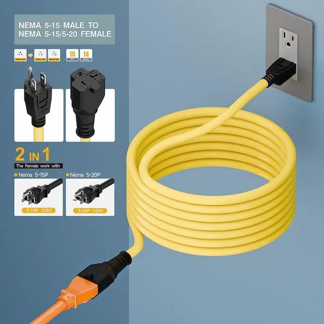 Alt view image 6 of 7 - 15-Feet 15 Amp Household AC Plug to 20 Amp T Blade Adapter Cable, Plugrand 14AWG 15 Amp to 20 Amp Plug Adapter Cord Nema 5-15P to 5-15R/5-20R 20Amp Comb AC Power Cord, Yellow