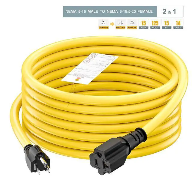 Alt view image 7 of 7 - 15-Feet 15 Amp Household AC Plug to 20 Amp T Blade Adapter Cable, Plugrand 14AWG 15 Amp to 20 Amp Plug Adapter Cord Nema 5-15P to 5-15R/5-20R 20Amp Comb AC Power Cord, Yellow