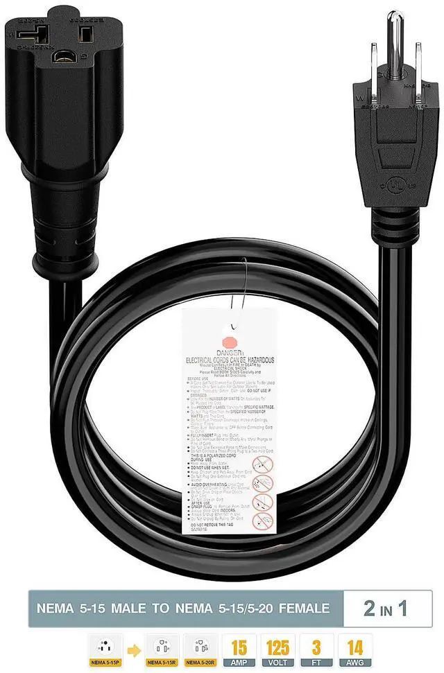 Alt view image 4 of 7 - 3-Feet 15Amp to 20Amp T Blade Adapter Cable, Plugrand 14AWG 15 Amp Household AC Plug to 20 Amp Plug Adapter Cord Nema 5-15P to 5-15R/5-20R 20Amp Comb AC Power Cord, Black