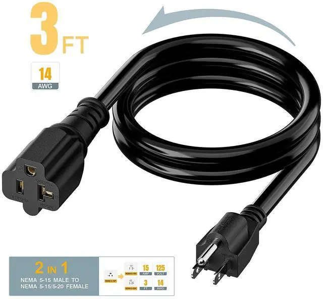 Alt view image 2 of 7 - 3-Feet 15Amp to 20Amp T Blade Adapter Cable, Plugrand 14AWG 15 Amp Household AC Plug to 20 Amp Plug Adapter Cord Nema 5-15P to 5-15R/5-20R 20Amp Comb AC Power Cord, Black