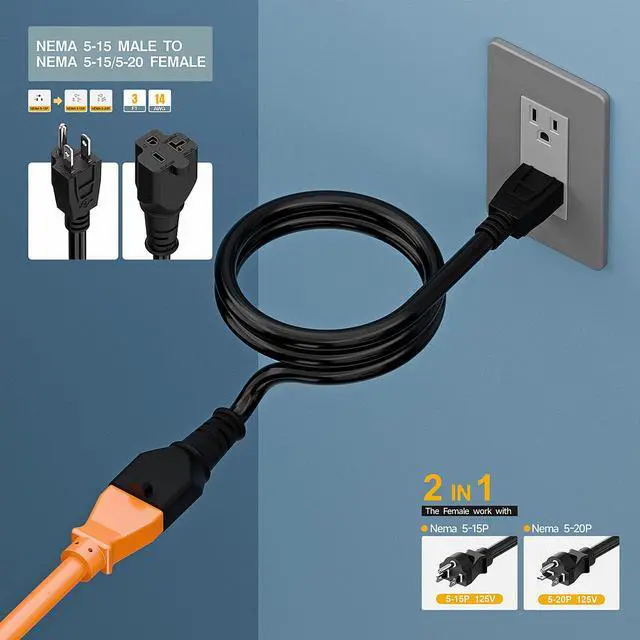 Alt view image 5 of 7 - 3-Feet 15Amp to 20Amp T Blade Adapter Cable, Plugrand 14AWG 15 Amp Household AC Plug to 20 Amp Plug Adapter Cord Nema 5-15P to 5-15R/5-20R 20Amp Comb AC Power Cord, Black