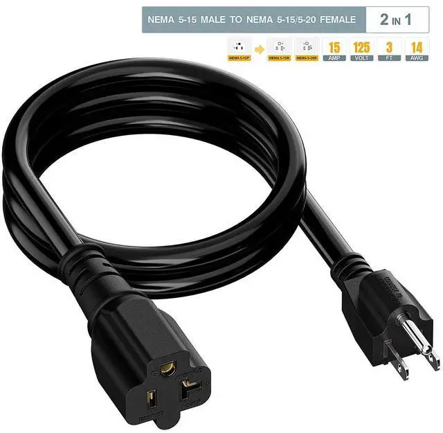 Alt view image 7 of 7 - 3-Feet 15Amp to 20Amp T Blade Adapter Cable, Plugrand 14AWG 15 Amp Household AC Plug to 20 Amp Plug Adapter Cord Nema 5-15P to 5-15R/5-20R 20Amp Comb AC Power Cord, Black