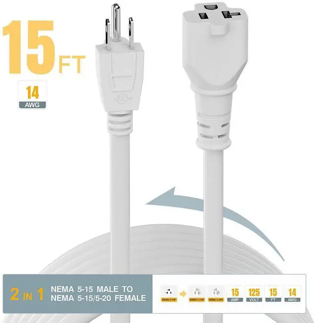 Alt view image 2 of 7 - 15-Feet 15 Amp Household AC Plug to 20 Amp T Blade Adapter Cable, Plugrand 14AWG Long 15 Amp to 20 Amp Plug Adapter Cord Nema 5-15P to 5-15R/5-20R 20Amp Comb AC Power Cord, White