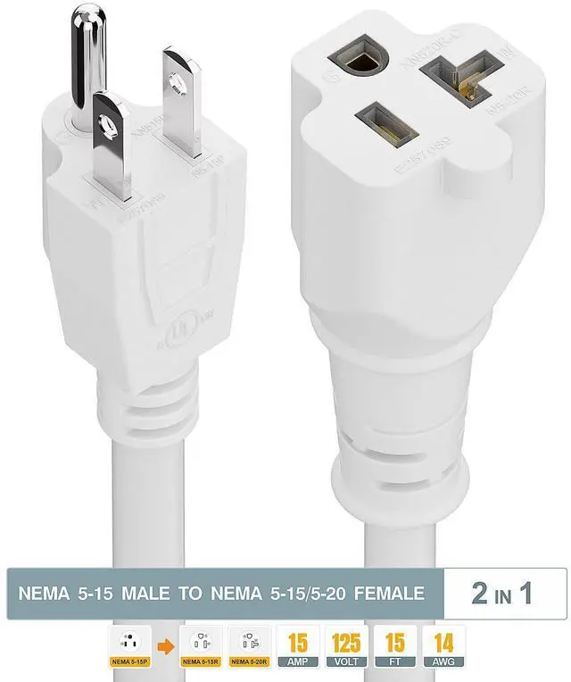 Alt view image 3 of 7 - 15-Feet 15 Amp Household AC Plug to 20 Amp T Blade Adapter Cable, Plugrand 14AWG Long 15 Amp to 20 Amp Plug Adapter Cord Nema 5-15P to 5-15R/5-20R 20Amp Comb AC Power Cord, White