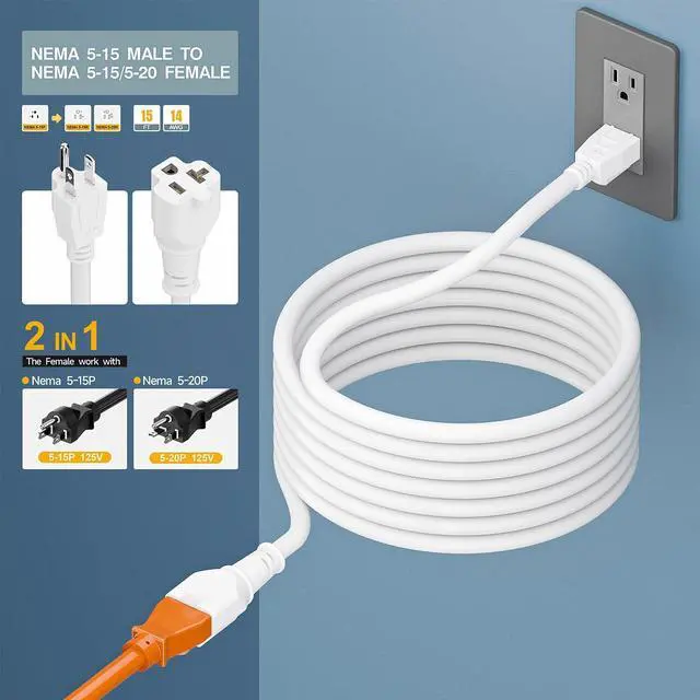 Alt view image 4 of 7 - 15-Feet 15 Amp Household AC Plug to 20 Amp T Blade Adapter Cable, Plugrand 14AWG Long 15 Amp to 20 Amp Plug Adapter Cord Nema 5-15P to 5-15R/5-20R 20Amp Comb AC Power Cord, White