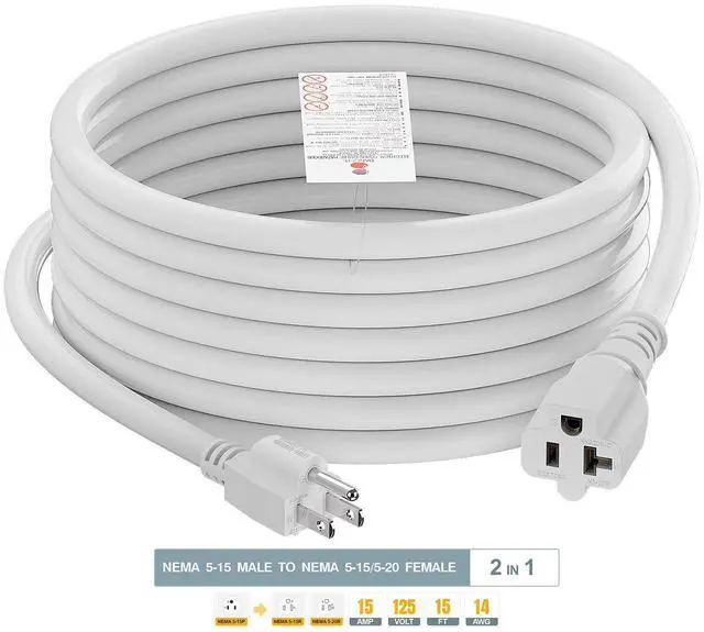 Alt view image 5 of 7 - 15-Feet 15 Amp Household AC Plug to 20 Amp T Blade Adapter Cable, Plugrand 14AWG Long 15 Amp to 20 Amp Plug Adapter Cord Nema 5-15P to 5-15R/5-20R 20Amp Comb AC Power Cord, White