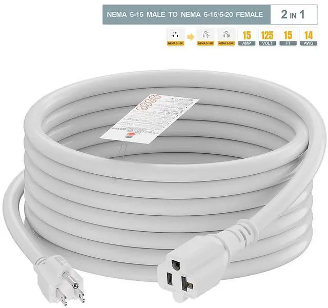 Alt view image 7 of 7 - 15-Feet 15 Amp Household AC Plug to 20 Amp T Blade Adapter Cable, Plugrand 14AWG Long 15 Amp to 20 Amp Plug Adapter Cord Nema 5-15P to 5-15R/5-20R 20Amp Comb AC Power Cord, White