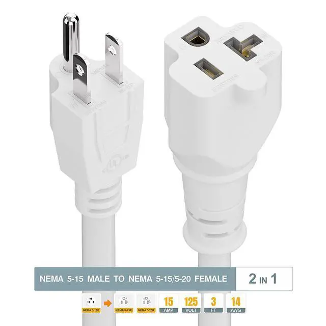 Alt view image 3 of 7 - 3-Feet 15 Amp Plug to 20 Amp T Blade Female Adapter Cable14AWG 1-Foot 15 Amp to 20 Amp Plug Adapter Cord Nema 5-15P to 5-15R/5-20R 20Amp Comb AC Power Cord, White