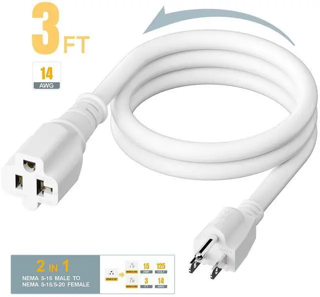 Alt view image 2 of 7 - 3-Feet 15 Amp Plug to 20 Amp T Blade Female Adapter Cable14AWG 1-Foot 15 Amp to 20 Amp Plug Adapter Cord Nema 5-15P to 5-15R/5-20R 20Amp Comb AC Power Cord, White