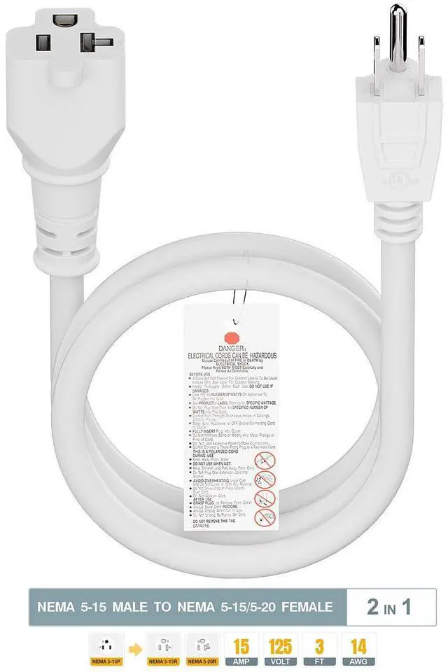 Alt view image 4 of 7 - 3-Feet 15 Amp Plug to 20 Amp T Blade Female Adapter Cable14AWG 1-Foot 15 Amp to 20 Amp Plug Adapter Cord Nema 5-15P to 5-15R/5-20R 20Amp Comb AC Power Cord, White