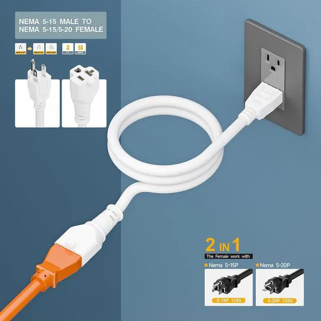 Alt view image 5 of 7 - 3-Feet 15 Amp Plug to 20 Amp T Blade Female Adapter Cable14AWG 1-Foot 15 Amp to 20 Amp Plug Adapter Cord Nema 5-15P to 5-15R/5-20R 20Amp Comb AC Power Cord, White