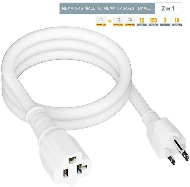 Alt view image 7 of 7 - 3-Feet 15 Amp Plug to 20 Amp T Blade Female Adapter Cable14AWG 1-Foot 15 Amp to 20 Amp Plug Adapter Cord Nema 5-15P to 5-15R/5-20R 20Amp Comb AC Power Cord, White
