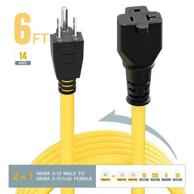 Alt view image 2 of 7 - 15 Amp Household AC Plug to 20 Amp T Blade Adapter Cable 6FT | 14AWG 15 Amp to 20 Amp Plug Adapter Cord Nema 5-15P to 5-15R/5-20R 20Amp Comb AC Power Cord, Yellow
