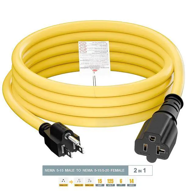 Alt view image 3 of 7 - 15 Amp Household AC Plug to 20 Amp T Blade Adapter Cable 6FT | 14AWG 15 Amp to 20 Amp Plug Adapter Cord Nema 5-15P to 5-15R/5-20R 20Amp Comb AC Power Cord, Yellow