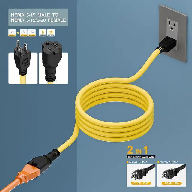 Alt view image 6 of 7 - 15 Amp Household AC Plug to 20 Amp T Blade Adapter Cable 6FT | 14AWG 15 Amp to 20 Amp Plug Adapter Cord Nema 5-15P to 5-15R/5-20R 20Amp Comb AC Power Cord, Yellow