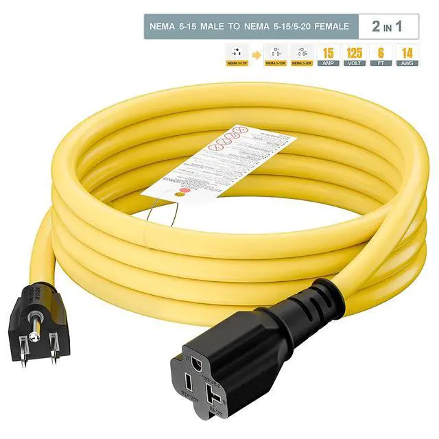 Alt view image 7 of 7 - 15 Amp Household AC Plug to 20 Amp T Blade Adapter Cable 6FT | 14AWG 15 Amp to 20 Amp Plug Adapter Cord Nema 5-15P to 5-15R/5-20R 20Amp Comb AC Power Cord, Yellow