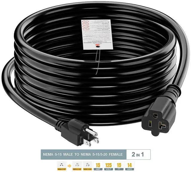 Alt view image 2 of 7 - 15-Feet 15 Amp Household AC Plug to 20 Amp T Blade Adapter Cable, Plugrand 14AWG 15 Amp to 20 Amp Plug Adapter Cord Nema 5-15P to 5-15R/5-20R 20Amp Comb AC Power Cord, Black