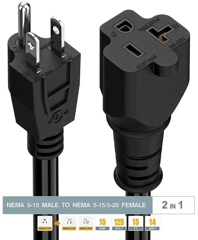Alt view image 4 of 7 - 15-Feet 15 Amp Household AC Plug to 20 Amp T Blade Adapter Cable, Plugrand 14AWG 15 Amp to 20 Amp Plug Adapter Cord Nema 5-15P to 5-15R/5-20R 20Amp Comb AC Power Cord, Black