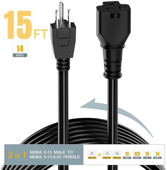 Alt view image 3 of 7 - 15-Feet 15 Amp Household AC Plug to 20 Amp T Blade Adapter Cable, Plugrand 14AWG 15 Amp to 20 Amp Plug Adapter Cord Nema 5-15P to 5-15R/5-20R 20Amp Comb AC Power Cord, Black
