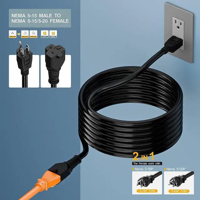 Alt view image 6 of 7 - 15-Feet 15 Amp Household AC Plug to 20 Amp T Blade Adapter Cable, Plugrand 14AWG 15 Amp to 20 Amp Plug Adapter Cord Nema 5-15P to 5-15R/5-20R 20Amp Comb AC Power Cord, Black