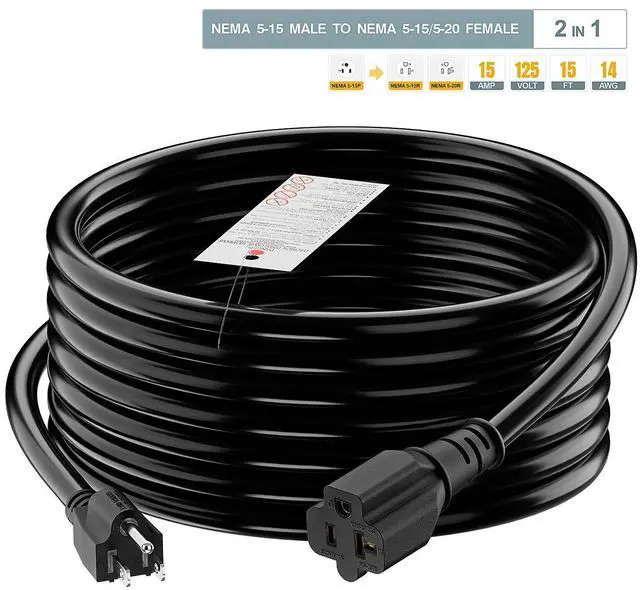 Alt view image 7 of 7 - 15-Feet 15 Amp Household AC Plug to 20 Amp T Blade Adapter Cable, Plugrand 14AWG 15 Amp to 20 Amp Plug Adapter Cord Nema 5-15P to 5-15R/5-20R 20Amp Comb AC Power Cord, Black
