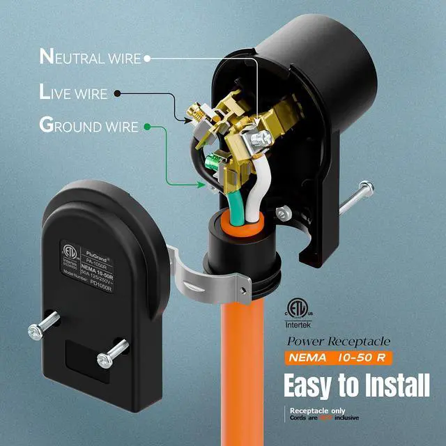Alt view image 3 of 7 - NEMA 10-50R Plug,10-50 50A/125/250V Female Connector, (ETL Certified) 50Amp 125/250Volt Cord End Socket, Female 50A Dryer Receptacle, Heavy Duty, Black.