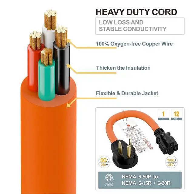 Alt view image 7 of 7 - 1.5FT Nema 6-50P to 6-15R/6-20R Welder Power Adapter Cord | 6-50P 50-Amp to 6-20R 20A T-Blade Adapter, 6-50 to 6-20R Adaptor Cord