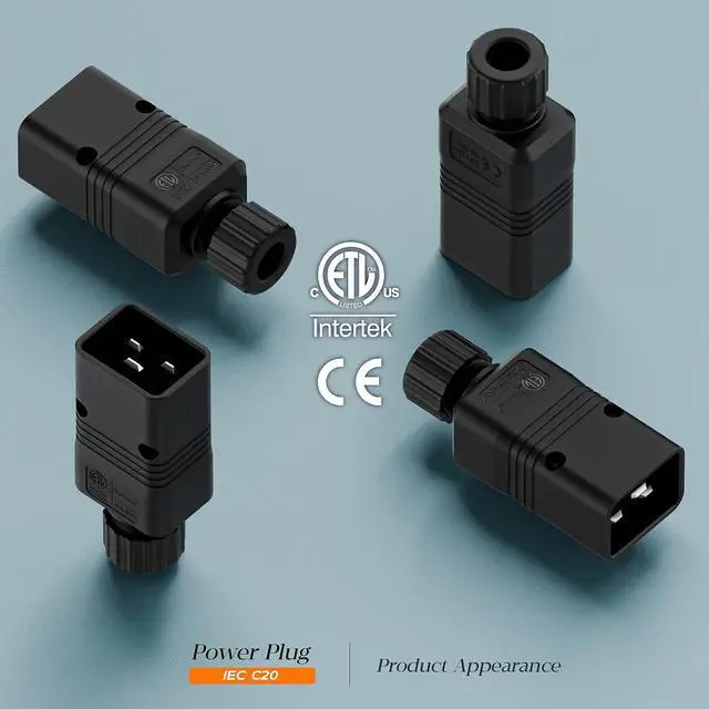 Alt view image 2 of 7 - (2PACK) IEC 320 C20 Plug, 20A/125V, (ETL Verified) 16A/250V UPS/PDU Replacement Cord End Plugs, EN60320 C20 Male Connector, Black