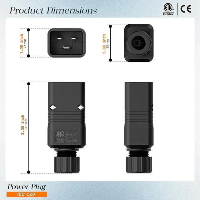 Alt view image 3 of 7 - (2PACK) IEC 320 C20 Plug, 20A/125V, (ETL Verified) 16A/250V UPS/PDU Replacement Cord End Plugs, EN60320 C20 Male Connector, Black
