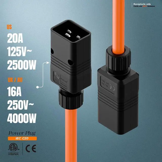 Alt view image 6 of 7 - (2PACK) IEC 320 C20 Plug, 20A/125V, (ETL Verified) 16A/250V UPS/PDU Replacement Cord End Plugs, EN60320 C20 Male Connector, Black