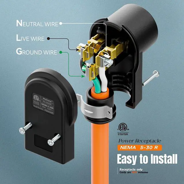 Alt view image 4 of 7 - NEMA 5-30R Socket, 5-30 Female Connector, (ETL Certified) 30Amp 125Volt Heavy Duty Receptacle, Black Color.