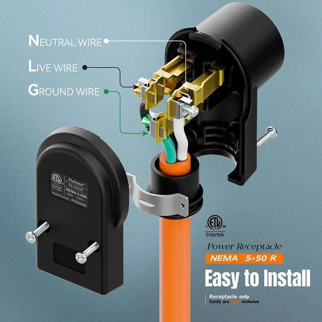 Alt view image 3 of 7 - NEMA 5-50R Socket,5-50R Female Connector, (ETL Certified) 50Amp 125Volt 50A/125V Heavy Duty Receptacle, Black Color.