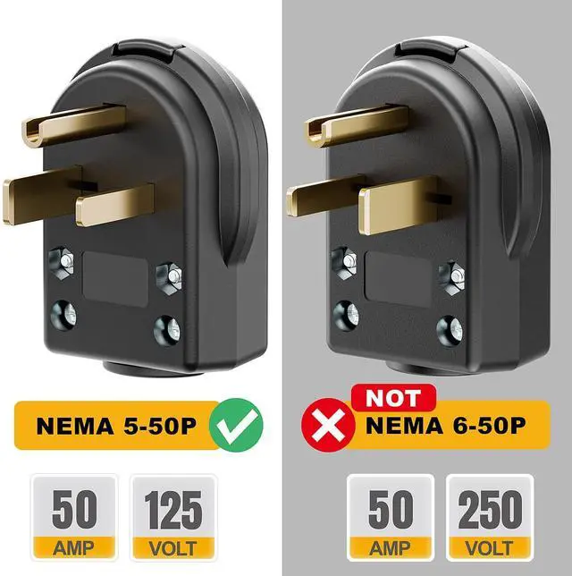 Alt view image 4 of 7 - 50AMP 125 Volt Nema 5-50P Plug 50 Amp 125 Volt Angle Plug, 3 Pole 3 Wire Grounding Straight Blade Plug for Welders, Work with Cable OD Max. 1.06Inch