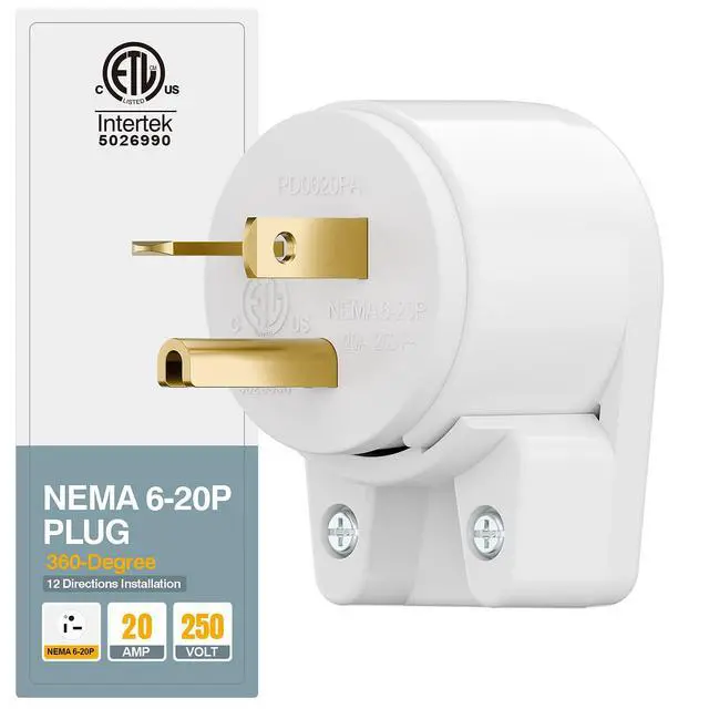 Alt view image 2 of 7 - Nema 6-20P 20A 250V Plug, Plugrand ETL Listed 6-20P T-Blade Industrial Plug | 20Amp 250Volt USA Canada 3-Prong Male Angled Adapter, 12-Directions Rotatable Connector, White