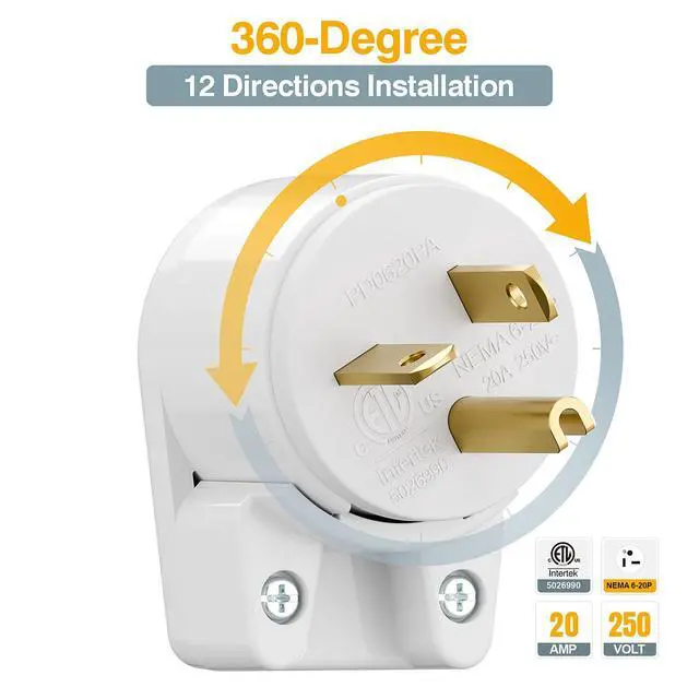 Alt view image 6 of 7 - Nema 6-20P 20A 250V Plug, Plugrand ETL Listed 6-20P T-Blade Industrial Plug | 20Amp 250Volt USA Canada 3-Prong Male Angled Adapter, 12-Directions Rotatable Connector, White