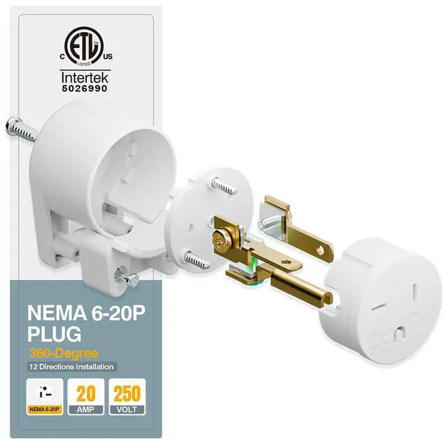 Alt view image 5 of 7 - Nema 6-20P 20A 250V Plug, Plugrand ETL Listed 6-20P T-Blade Industrial Plug | 20Amp 250Volt USA Canada 3-Prong Male Angled Adapter, 12-Directions Rotatable Connector, White