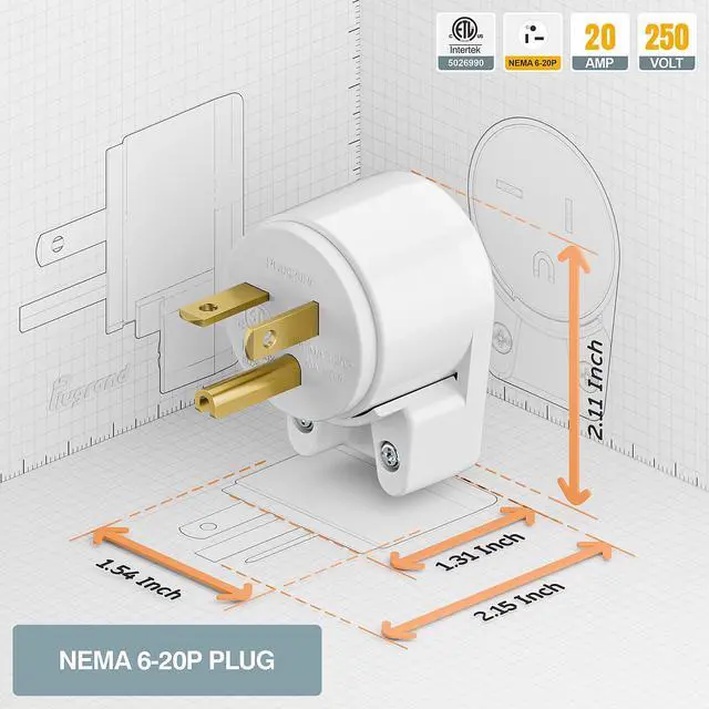 Alt view image 4 of 7 - Nema 6-20P 20A 250V Plug, Plugrand ETL Listed 6-20P T-Blade Industrial Plug | 20Amp 250Volt USA Canada 3-Prong Male Angled Adapter, 12-Directions Rotatable Connector, White