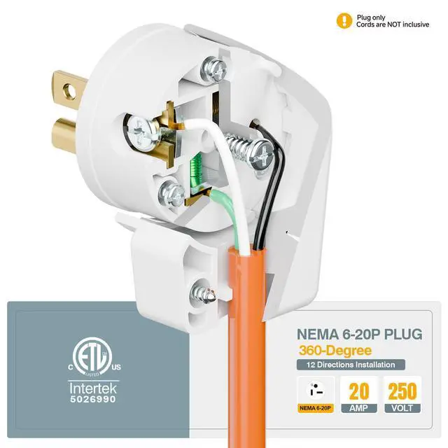 Alt view image 7 of 7 - Nema 6-20P 20A 250V Plug, Plugrand ETL Listed 6-20P T-Blade Industrial Plug | 20Amp 250Volt USA Canada 3-Prong Male Angled Adapter, 12-Directions Rotatable Connector, White