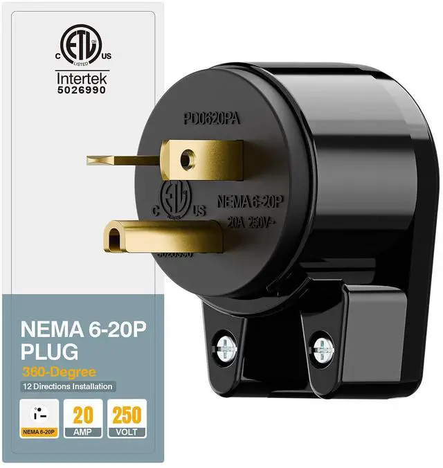 Alt view image 2 of 7 - Nema 6-20P 20A 250V Plug, Plugrand ETL Listed 6-20P T-Blade Industrial Plug | Easy Assembly 20Amp 250Volt USA Canada 3-Prong Male Angled Adapter, 12-Directions Rotatable Connector, Black