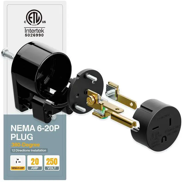 Alt view image 5 of 7 - Nema 6-20P 20A 250V Plug, Plugrand ETL Listed 6-20P T-Blade Industrial Plug | Easy Assembly 20Amp 250Volt USA Canada 3-Prong Male Angled Adapter, 12-Directions Rotatable Connector, Black