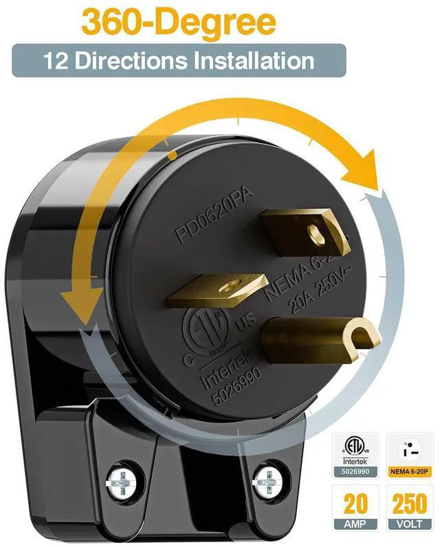Alt view image 6 of 7 - Nema 6-20P 20A 250V Plug, Plugrand ETL Listed 6-20P T-Blade Industrial Plug | Easy Assembly 20Amp 250Volt USA Canada 3-Prong Male Angled Adapter, 12-Directions Rotatable Connector, Black